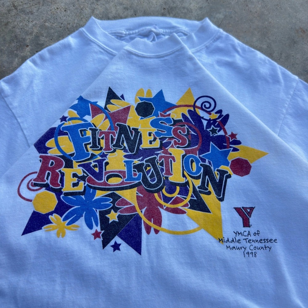 Vintage 90s YMCA Fitness Revolution T-Shirt Graphic White Tennessee Large (h1)